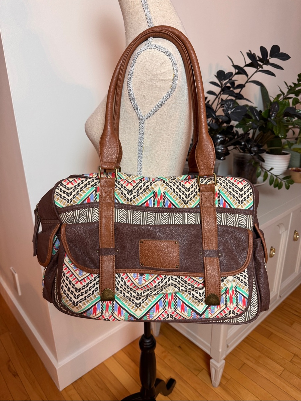 Billabong Boston Bag Aztec Geometric Print Canvas Leather Weekend Travel Tote